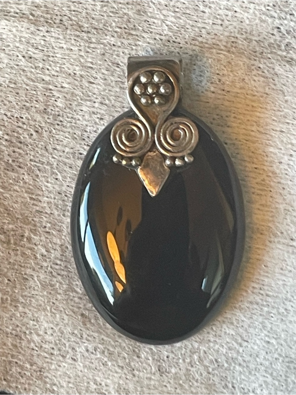 Sterling Silver Vintage Black Onyx Oval Pendant with Decorative Silver Bail